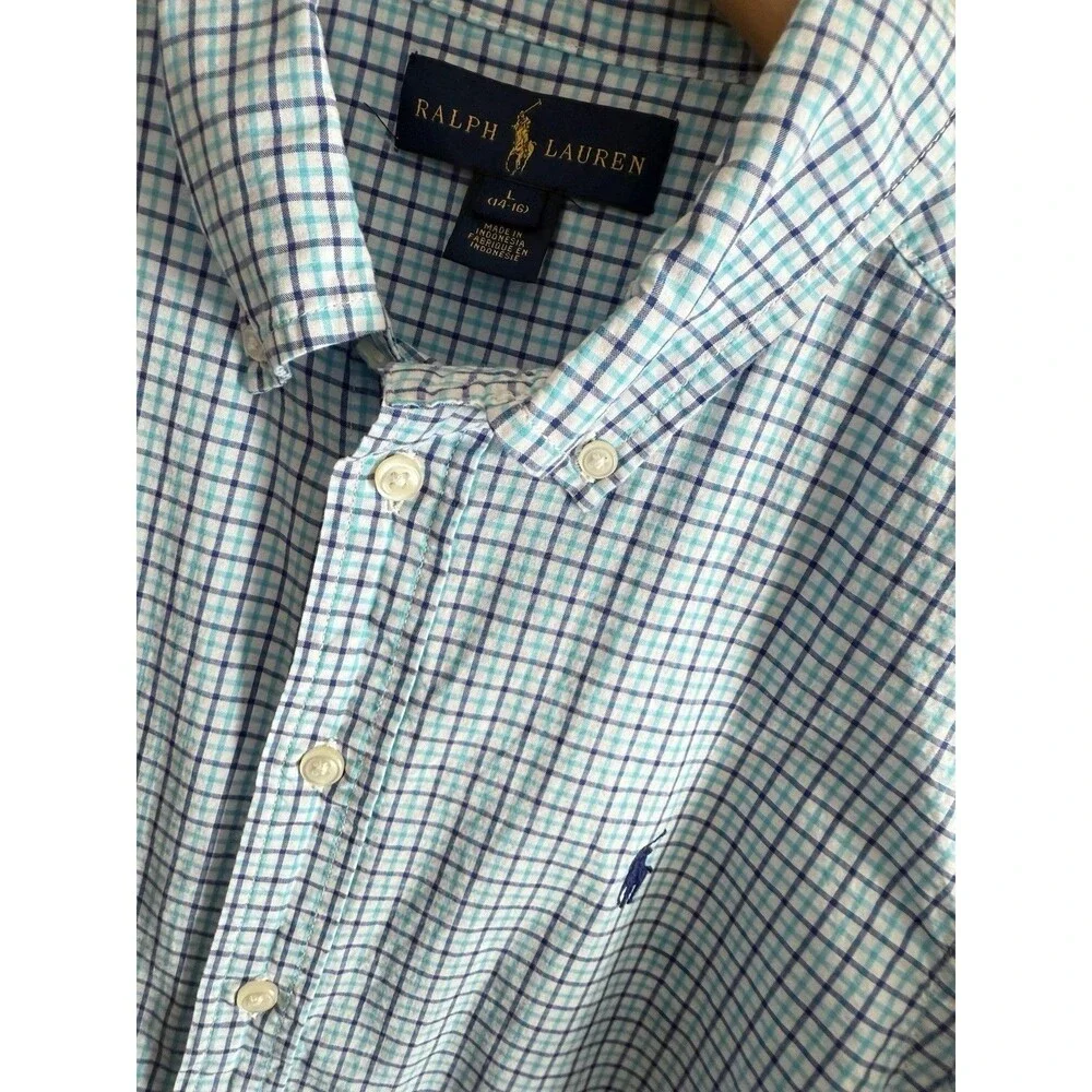 Ralph Lauren Boys L‎ Long Sleeve Oxford Shirt Plaid White/Blue Pony Logo 14/16